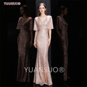 DEANWANGKT Golden Evening Dresses Mermaid Short Sleeves Sexy V Neck Evening Gown Elegant Glitter Bat Sleeves Formal Party Dress