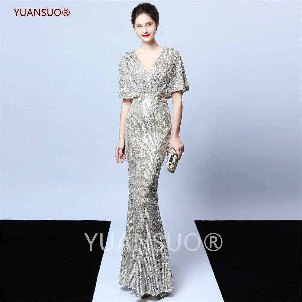 DEANWANGKT Golden Evening Dresses Mermaid Short Sleeves Sexy V Neck Evening Gown Elegant Glitter Bat Sleeves Formal Party Dress