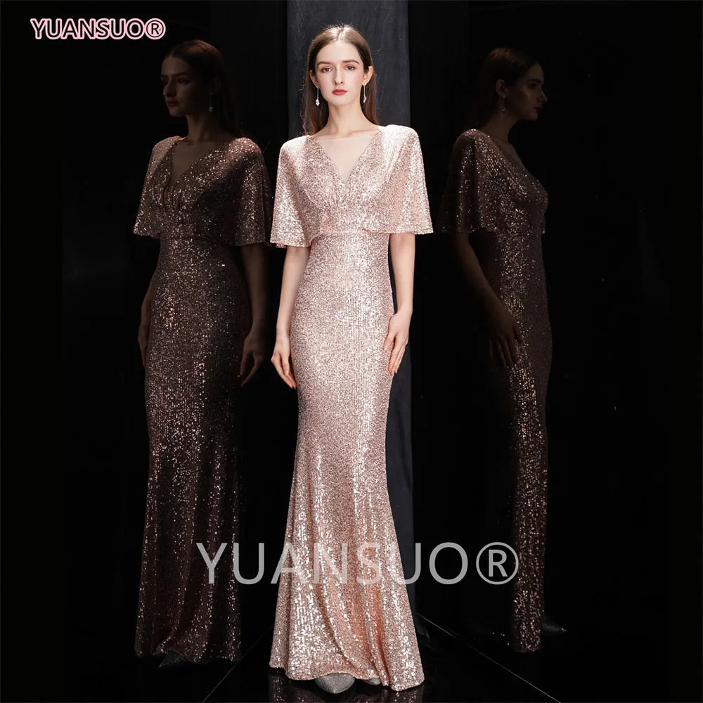 DEANWANGKT Golden Evening Dresses Mermaid Short Sleeves Sexy V Neck Evening Gown Elegant Glitter Bat Sleeves Formal Party Dress