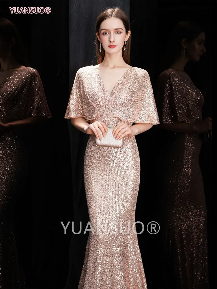 DEANWANGKT Golden Evening Dresses Mermaid Short Sleeves Sexy V Neck Evening Gown Elegant Glitter Bat Sleeves Formal Party Dress