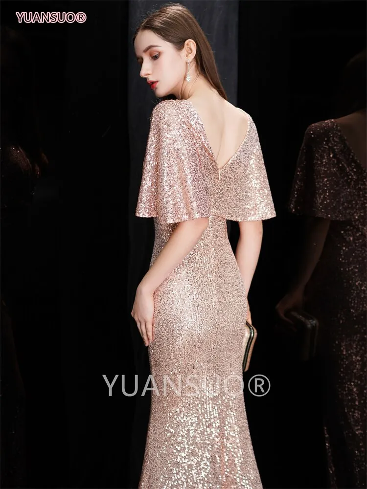 DEANWANGKT Golden Evening Dresses Mermaid Short Sleeves Sexy V Neck Evening Gown Elegant Glitter Bat Sleeves Formal Party Dress