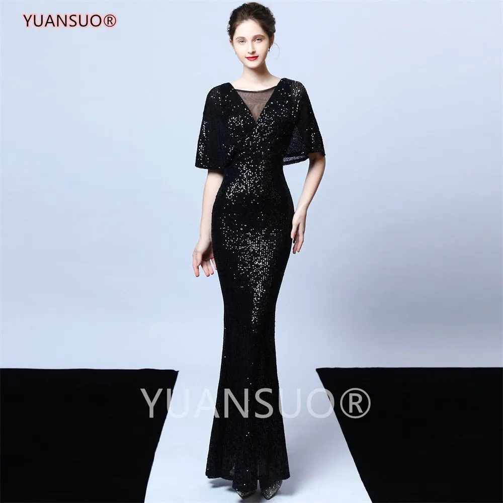 DEANWANGKT Golden Evening Dresses Mermaid Short Sleeves Sexy V Neck Evening Gown Elegant Glitter Bat Sleeves Formal Party Dress