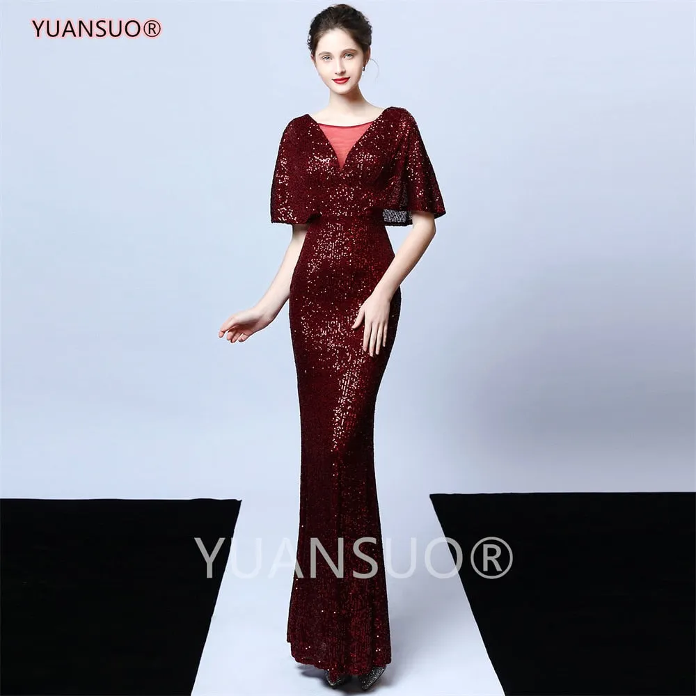 DEANWANGKT Golden Evening Dresses Mermaid Short Sleeves Sexy V Neck Evening Gown Elegant Glitter Bat Sleeves Formal Party Dress