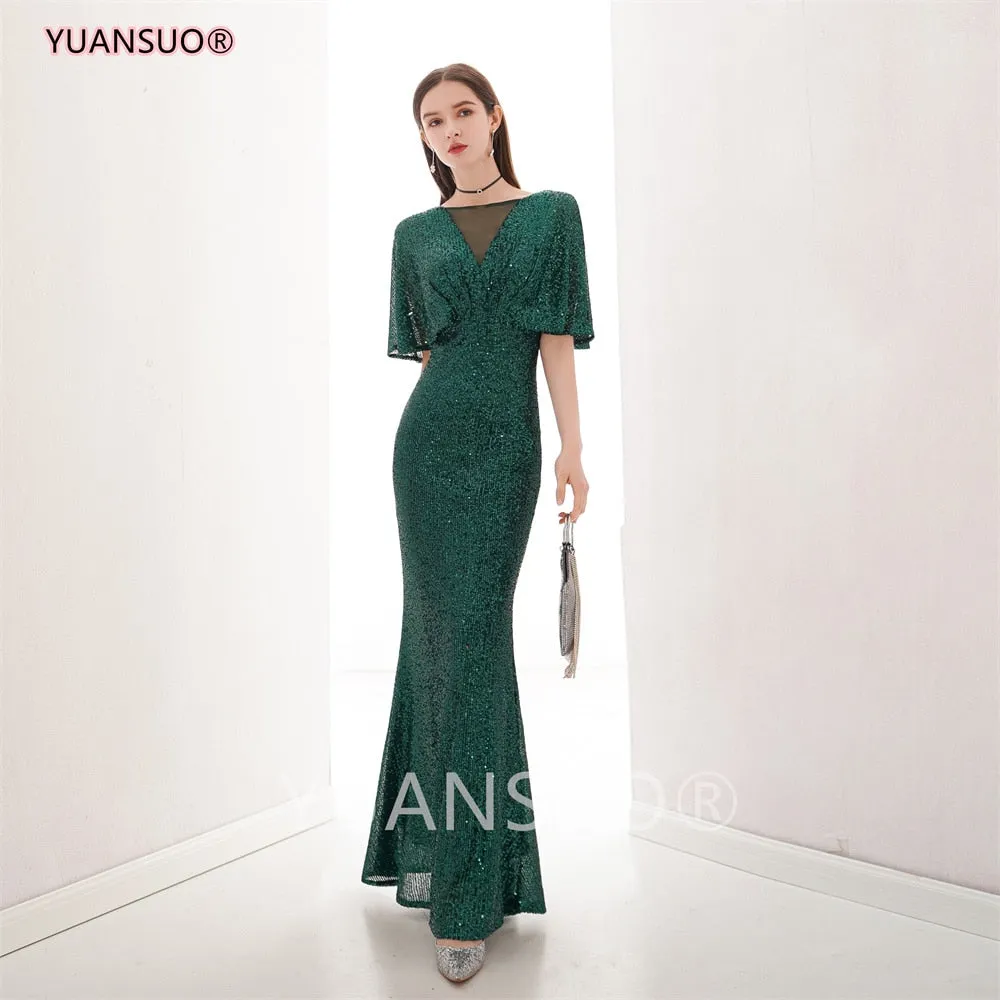 DEANWANGKT Golden Evening Dresses Mermaid Short Sleeves Sexy V Neck Evening Gown Elegant Glitter Bat Sleeves Formal Party Dress