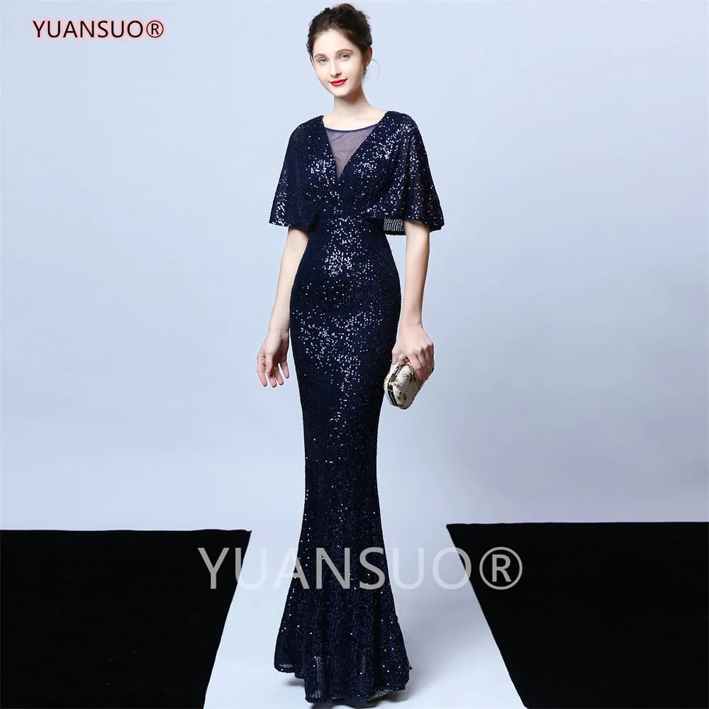 DEANWANGKT Golden Evening Dresses Mermaid Short Sleeves Sexy V Neck Evening Gown Elegant Glitter Bat Sleeves Formal Party Dress