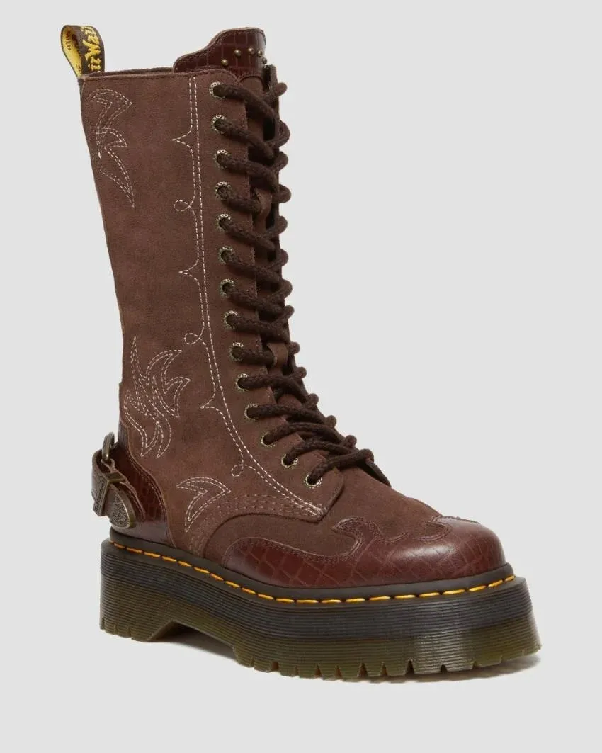 Dr Martens 1B99 Suede Quad 14 Eye Boot - Dark Brown Classic Pull Up Reptile Emboss & Dark Brown E.H