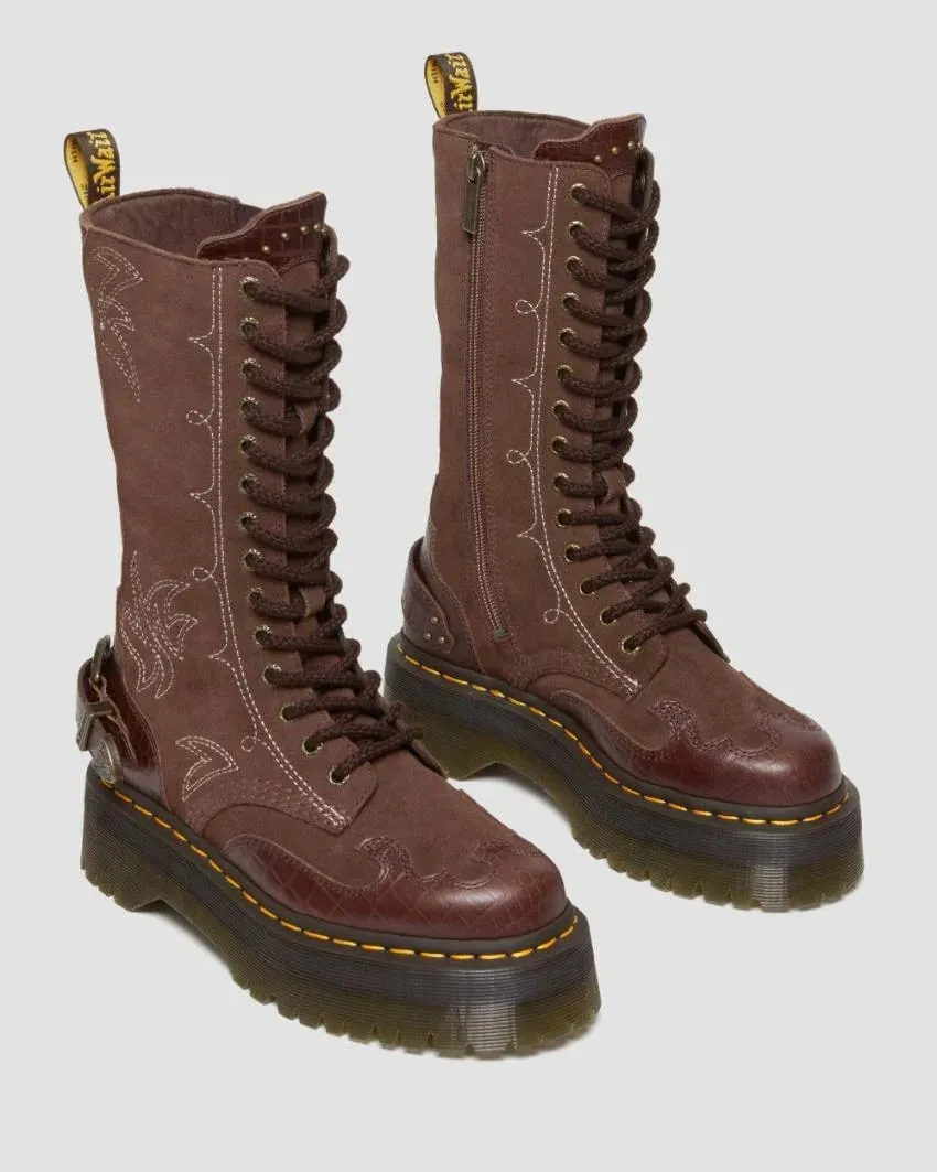 Dr Martens 1B99 Suede Quad 14 Eye Boot - Dark Brown Classic Pull Up Reptile Emboss & Dark Brown E.H