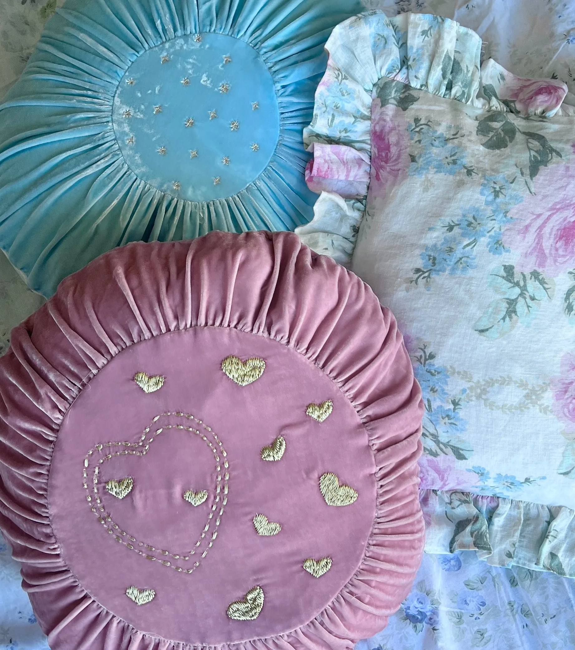 Embroidered Stars Blue Velvet Round Pillow