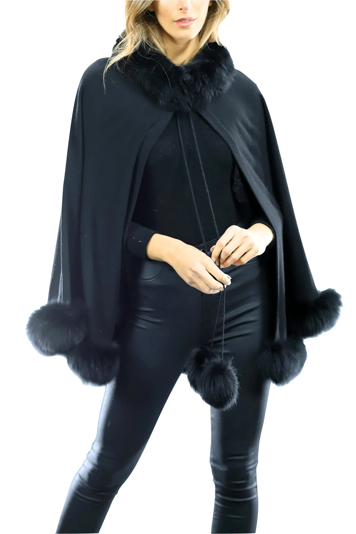 Fox Fur Trim with Fur Poms Cape - Black