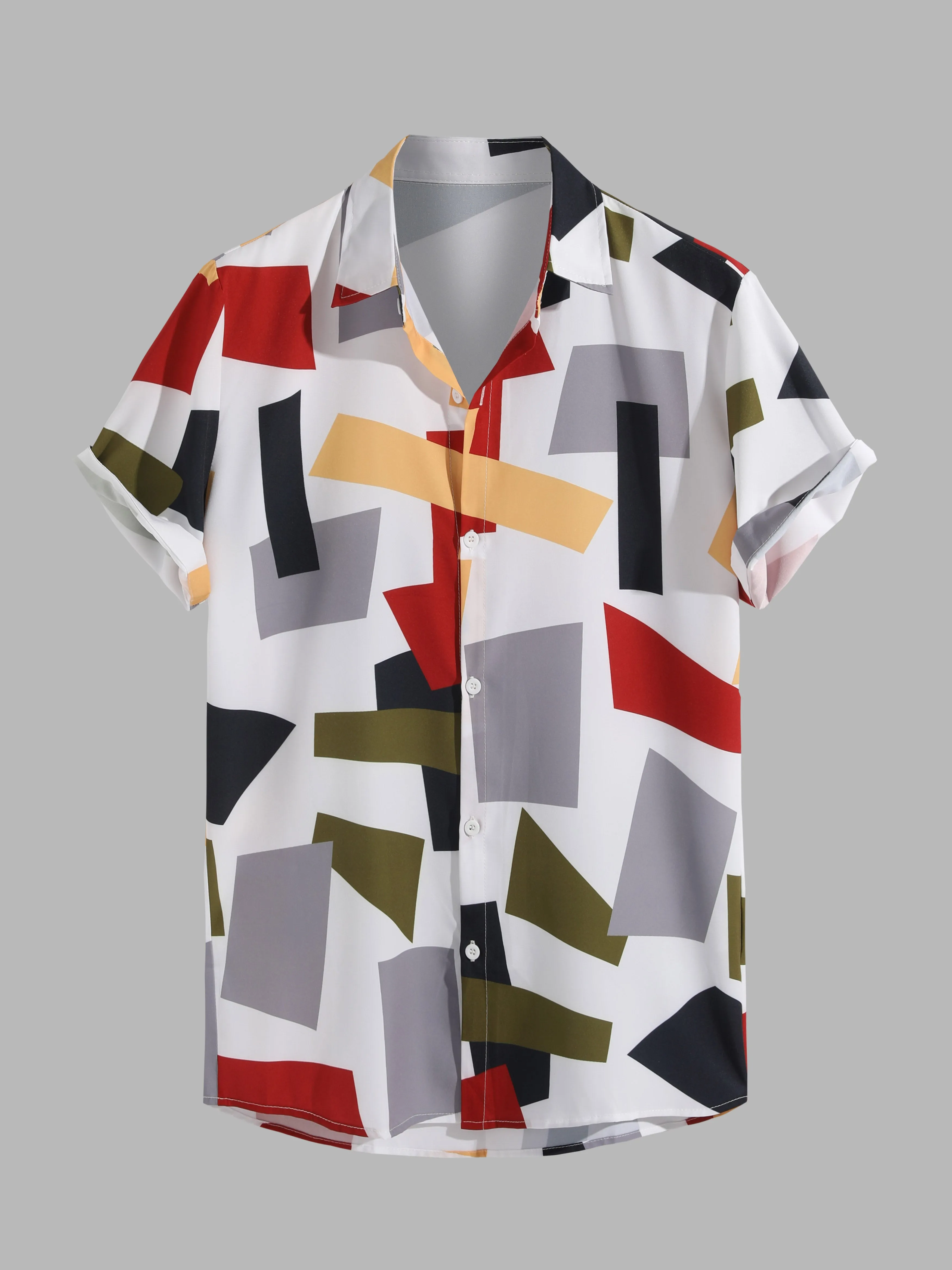 Geometric Color Block Print Button Up Shirt