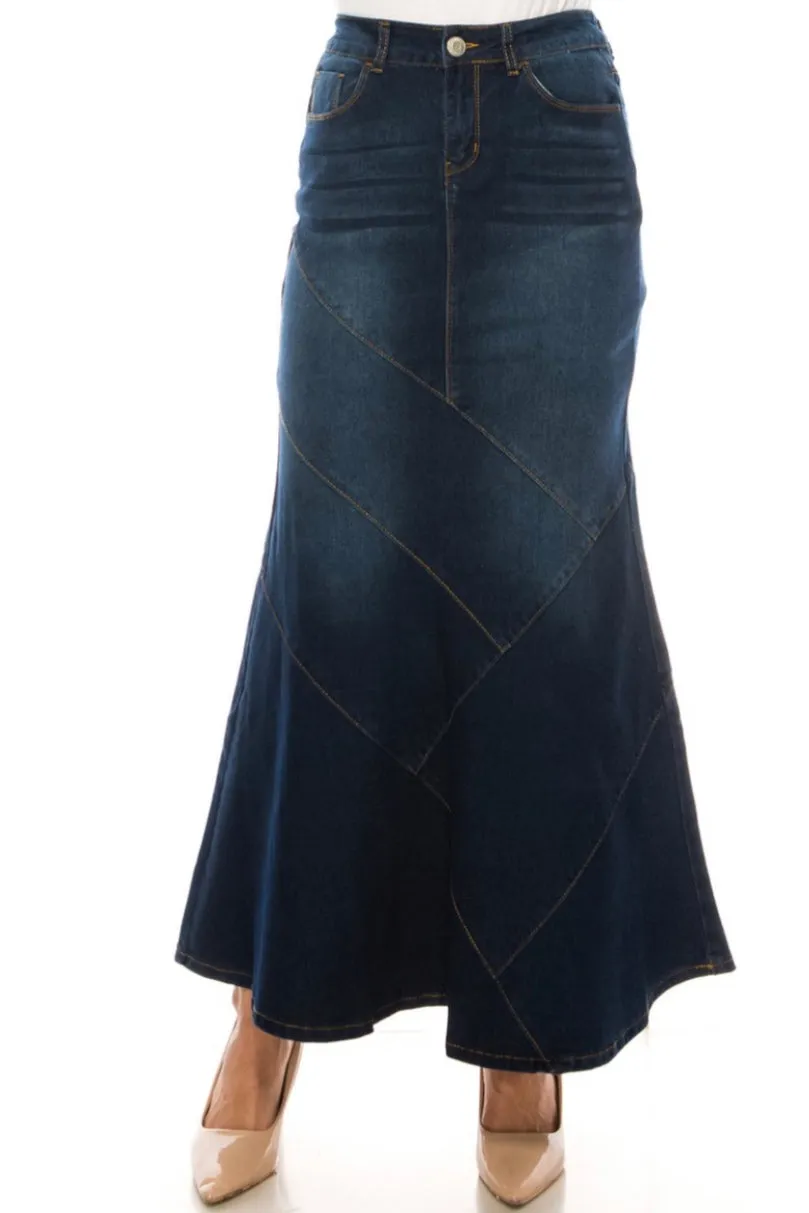 Long Denim Skirt Style 89075 in Dark Indigo