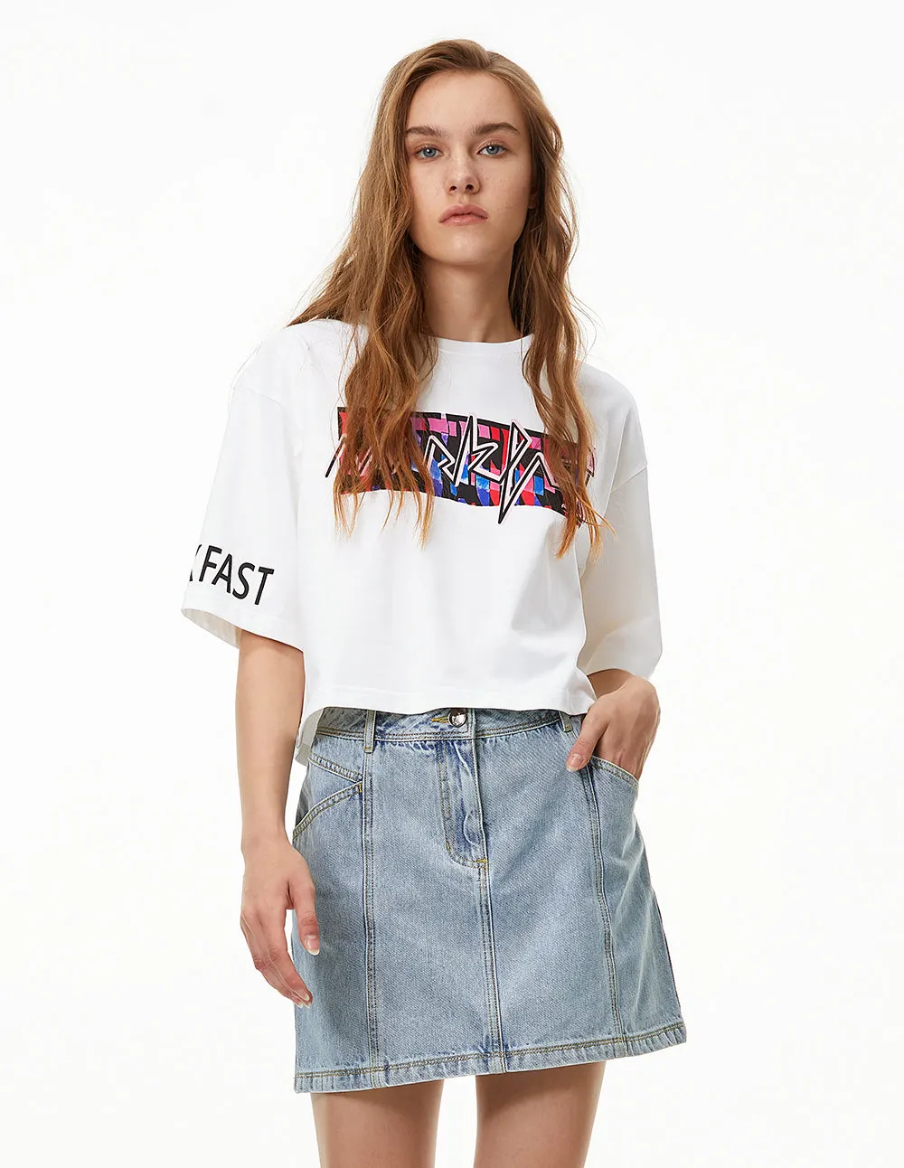 MARK FAST WOMEN PRINTED JERSEY CROPPED T-SHIRT