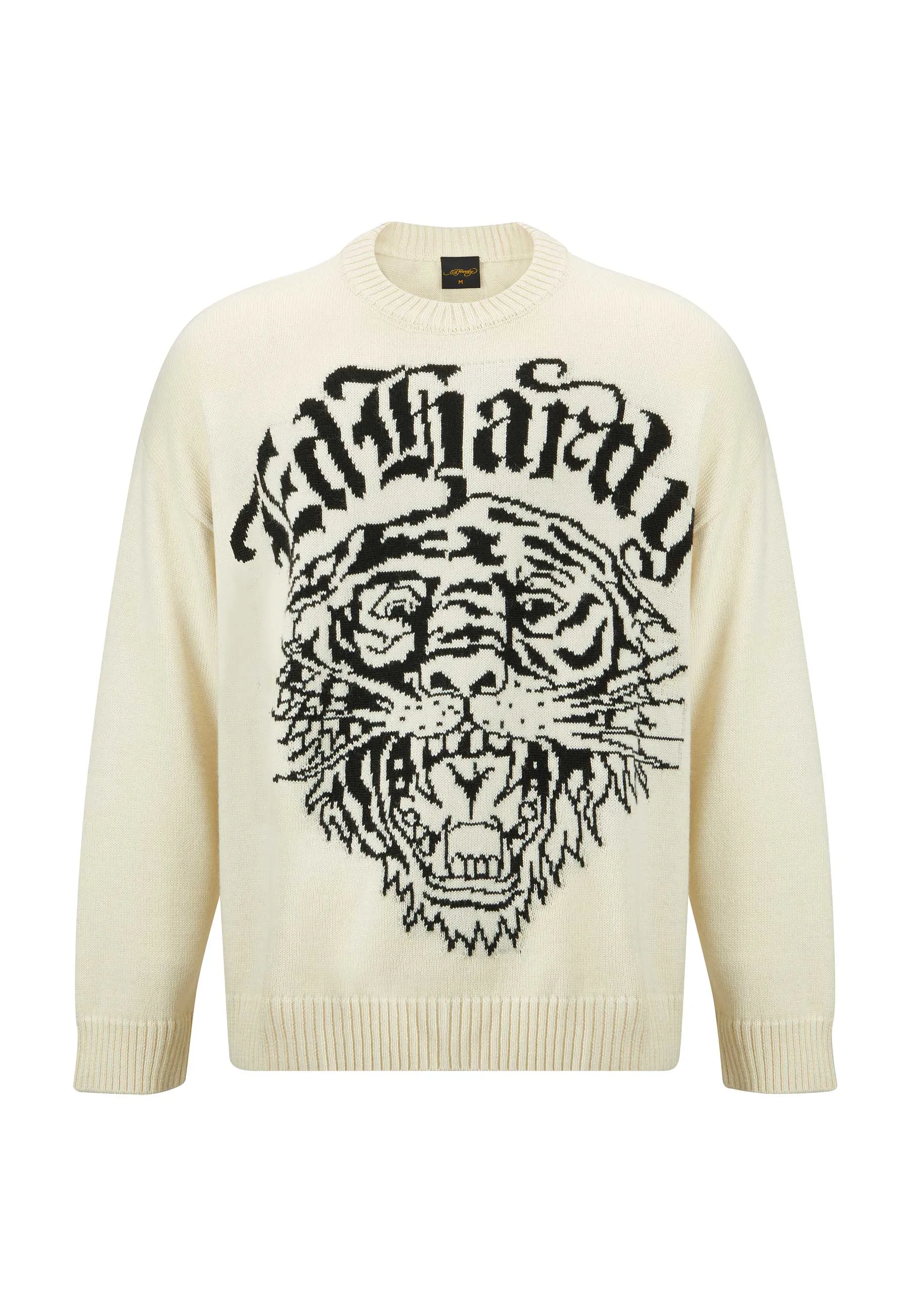 Mens Tiger-Roar Jaquard Knitted Jumper - Off White/Black