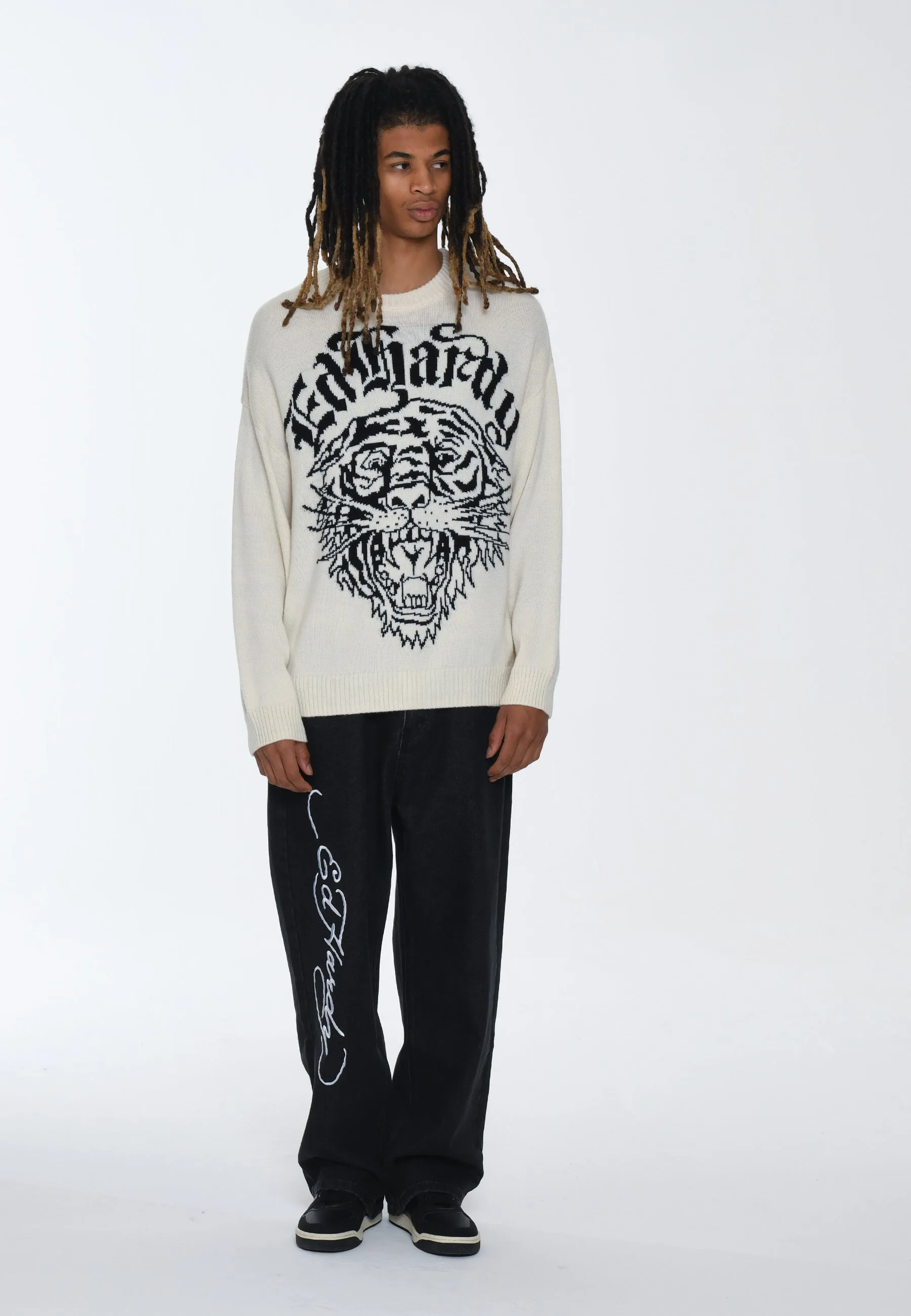 Mens Tiger-Roar Jaquard Knitted Jumper - Off White/Black