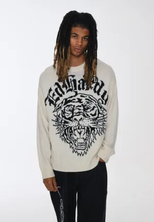 Mens Tiger-Roar Jaquard Knitted Jumper - Off White/Black