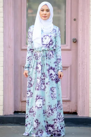 Mint Floral Drawstring Long Sleeve Maxi Dress