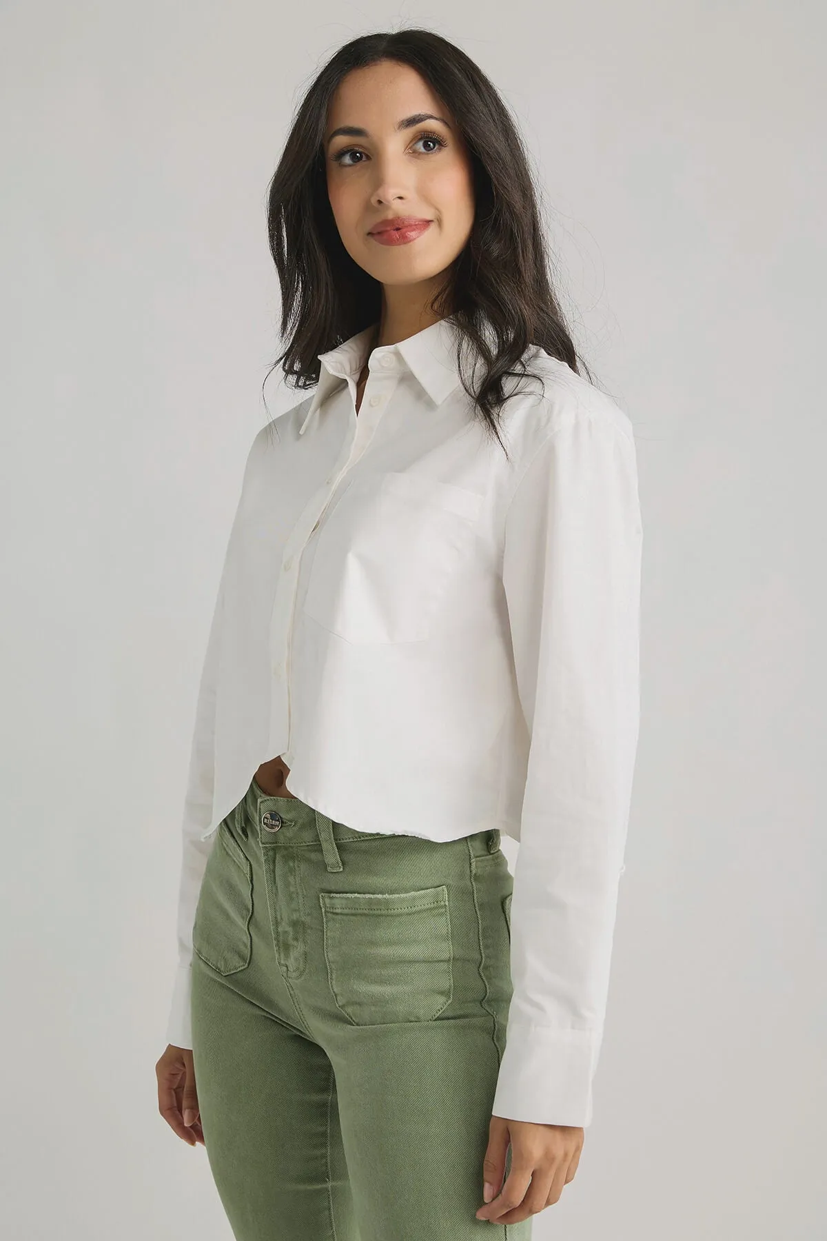 Moon River Curved Hem Cropped Long Sleeve Shirt