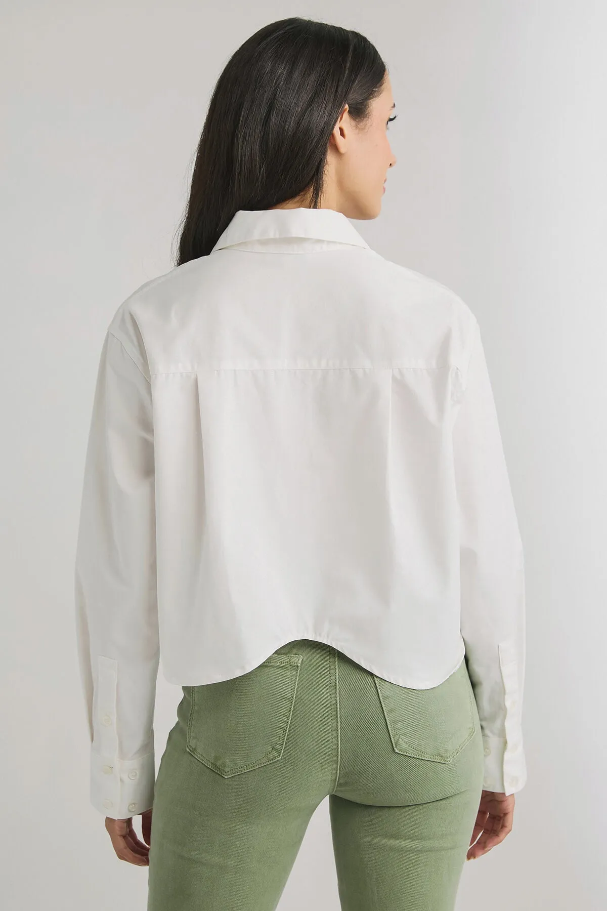 Moon River Curved Hem Cropped Long Sleeve Shirt