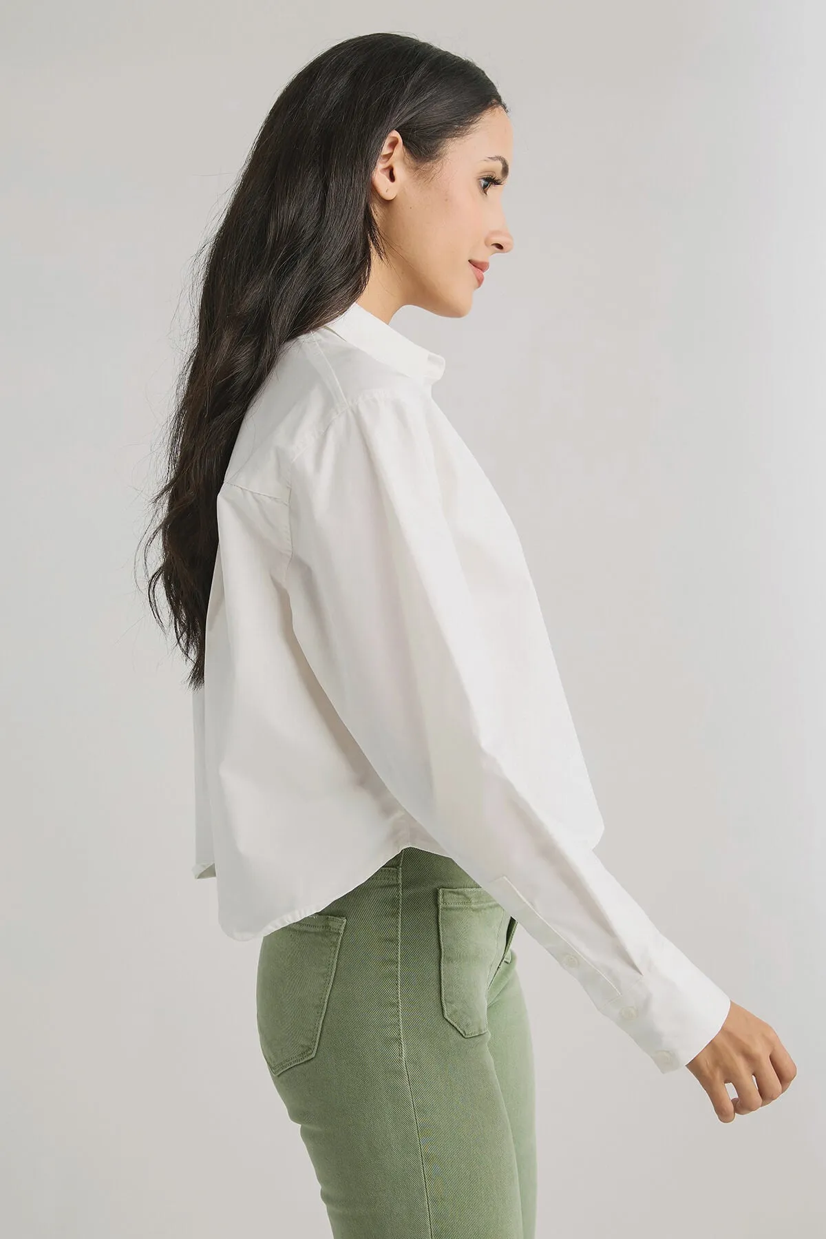 Moon River Curved Hem Cropped Long Sleeve Shirt