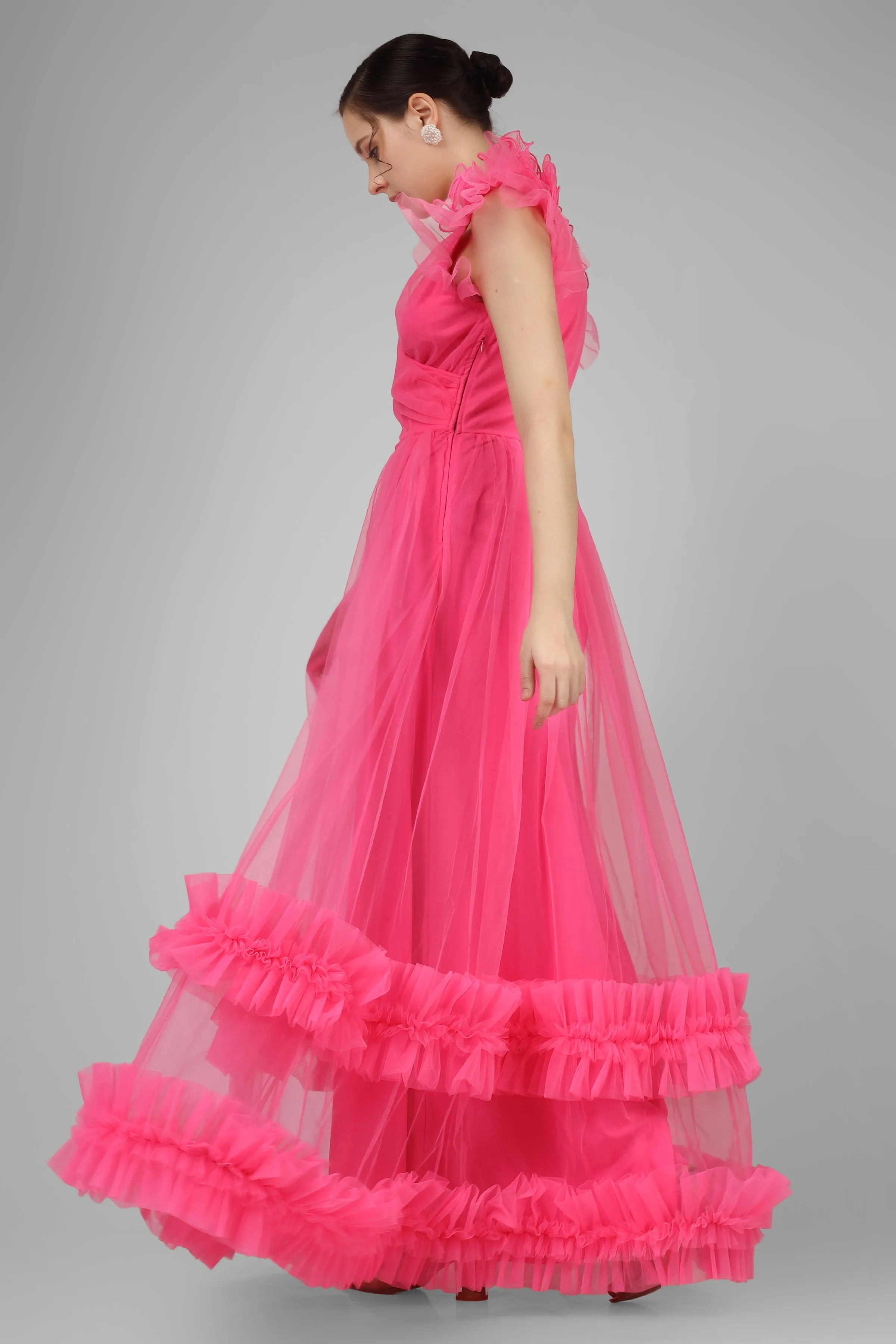 Nova Pink Tulle Corsage Maxi Dress