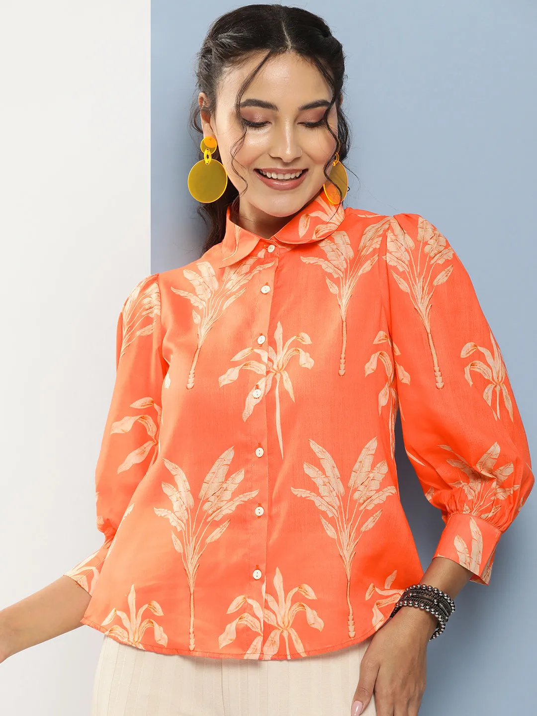 Orange Printed Shirt Style Top