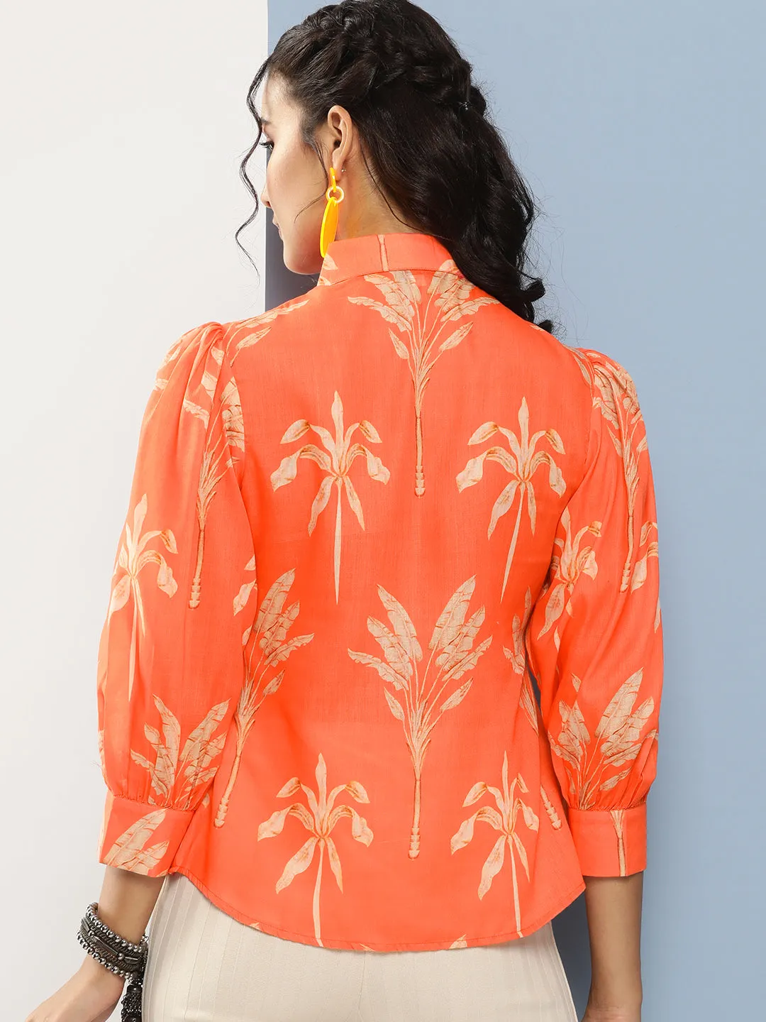 Orange Printed Shirt Style Top