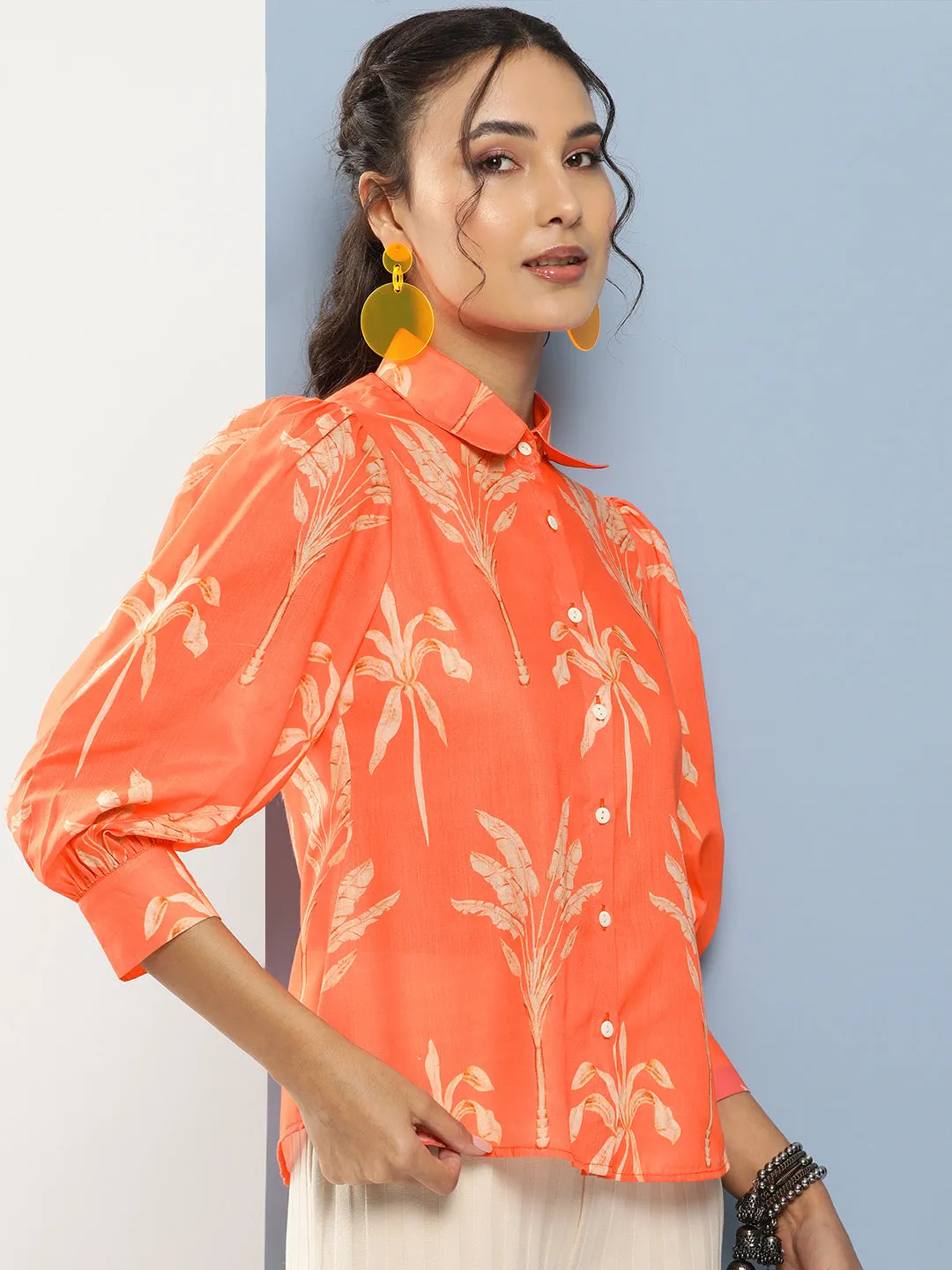 Orange Printed Shirt Style Top