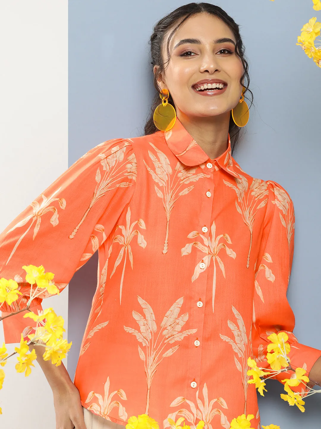 Orange Printed Shirt Style Top