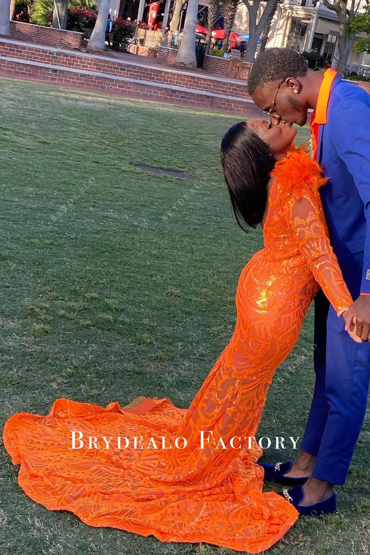 Orange Sequin Feather Shoulder Mermaid Prom Dress