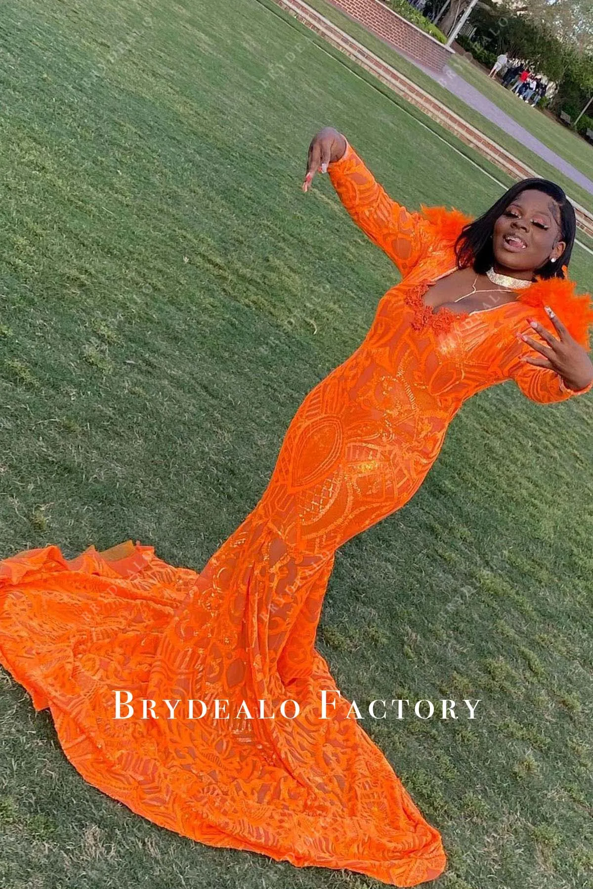 Orange Sequin Feather Shoulder Mermaid Prom Dress