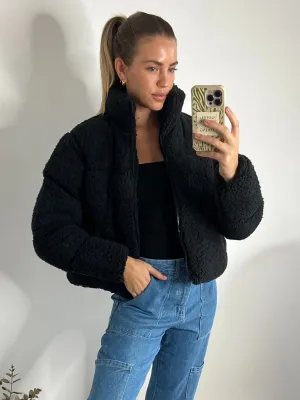 Oversized Teddy Cropped Puffer Jacket / Black