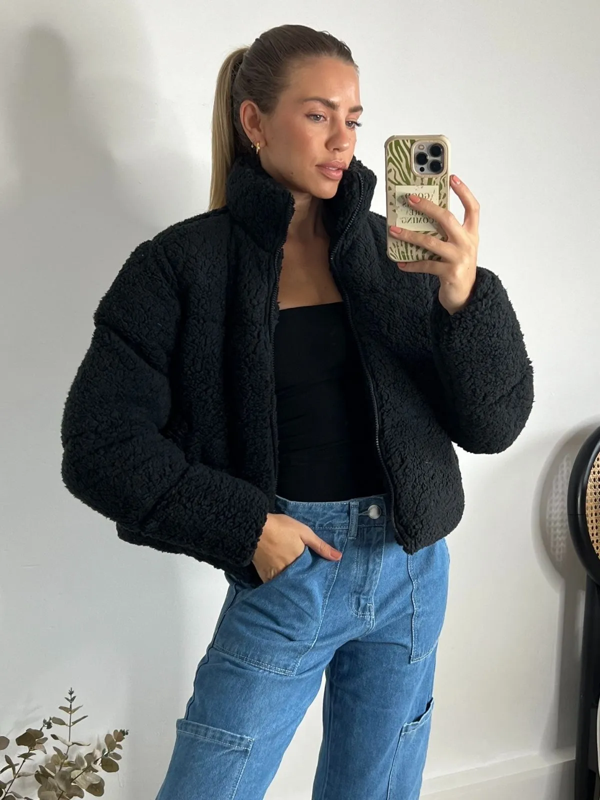 Oversized Teddy Cropped Puffer Jacket / Black