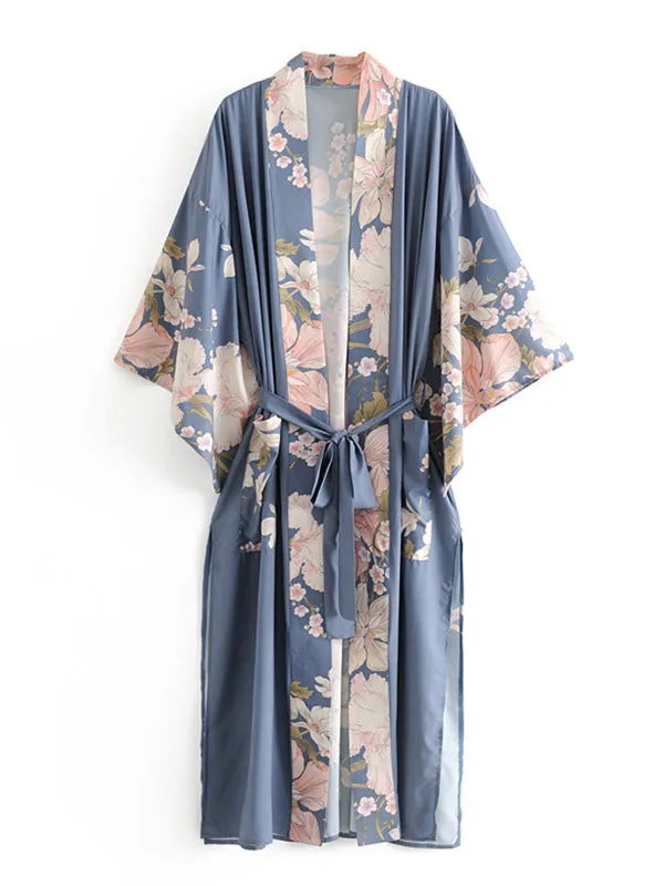 Partywear Kimono Floral Print Cotton Viscose Blue Lagoon Gown Robe Kimono