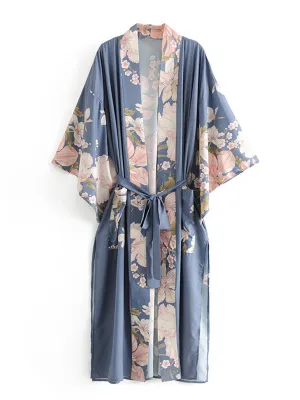 Partywear Kimono Floral Print Cotton Viscose Blue Lagoon Gown Robe Kimono