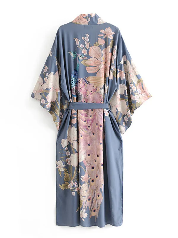 Partywear Kimono Floral Print Cotton Viscose Blue Lagoon Gown Robe Kimono