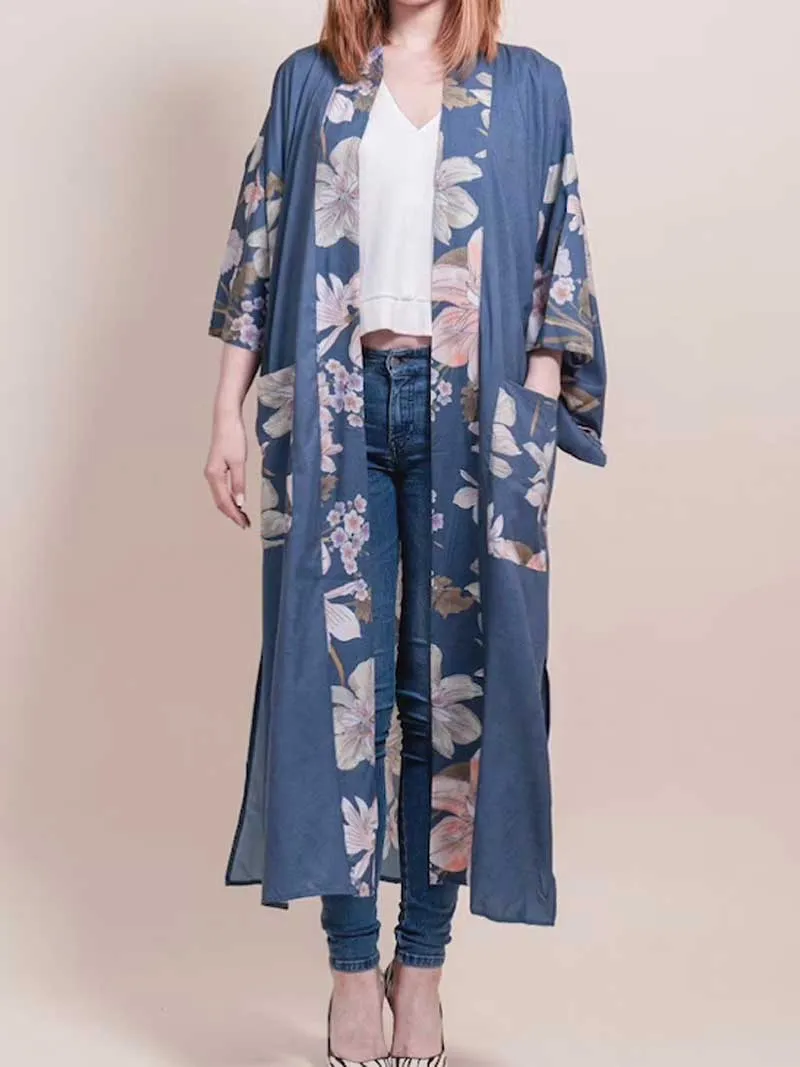 Partywear Kimono Floral Print Cotton Viscose Blue Lagoon Gown Robe Kimono