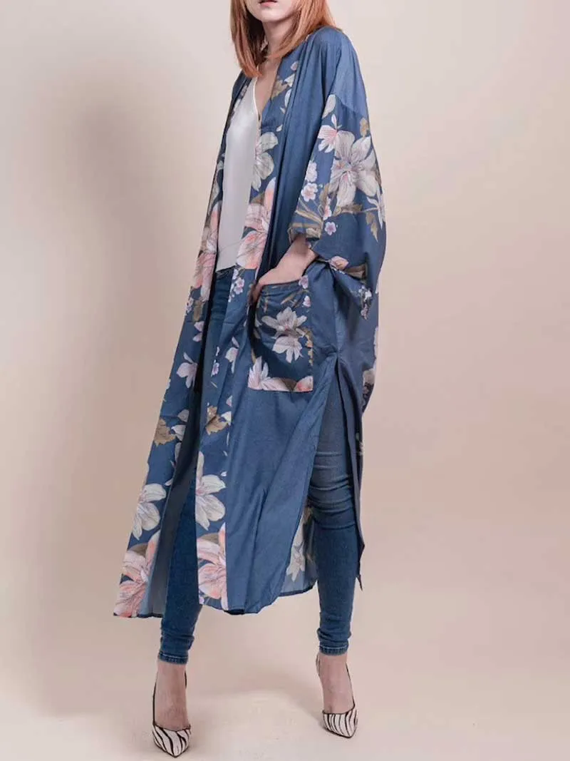 Partywear Kimono Floral Print Cotton Viscose Blue Lagoon Gown Robe Kimono