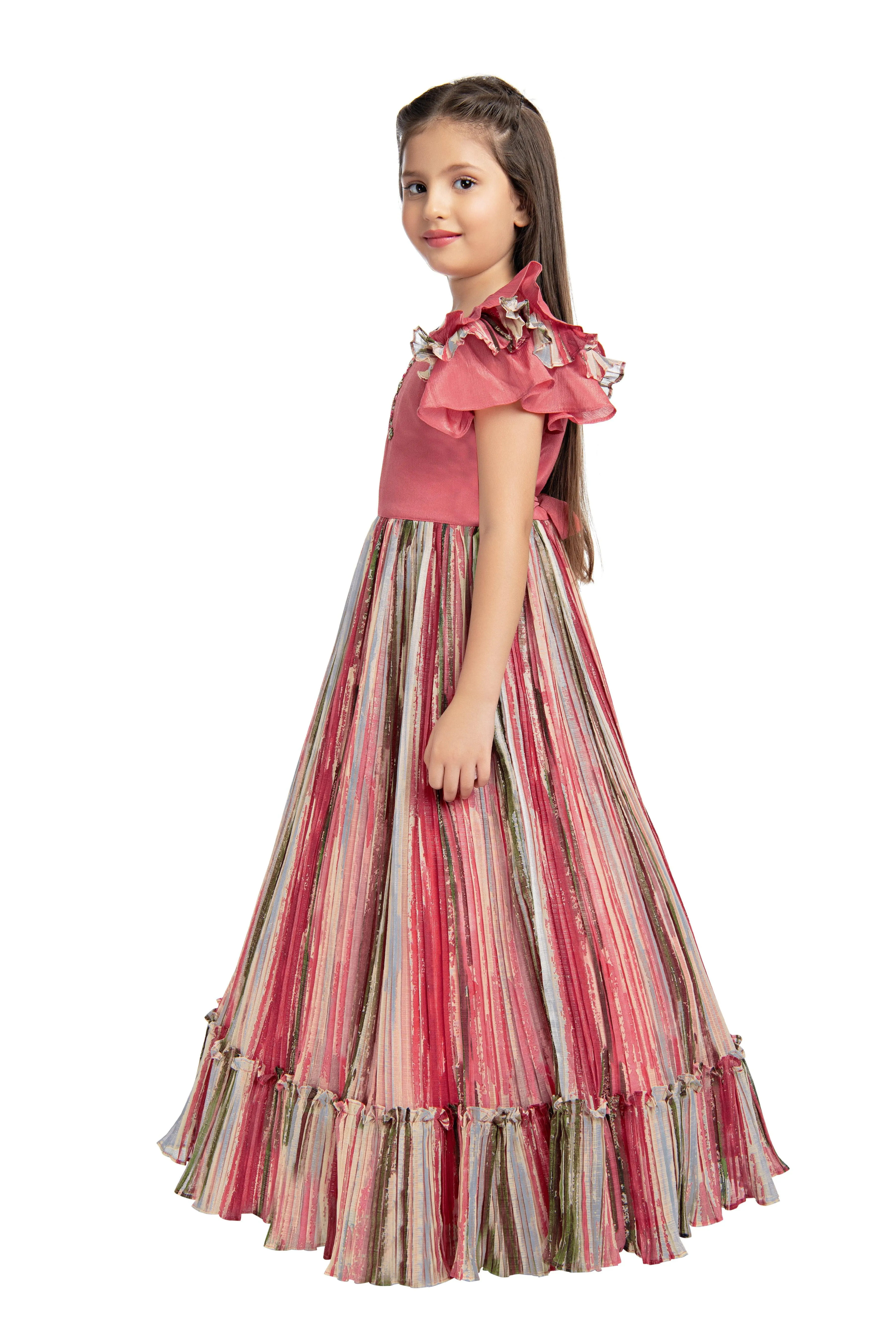 Peach Coloured Ruffle Style One Sided Sleeves Gown For Girls