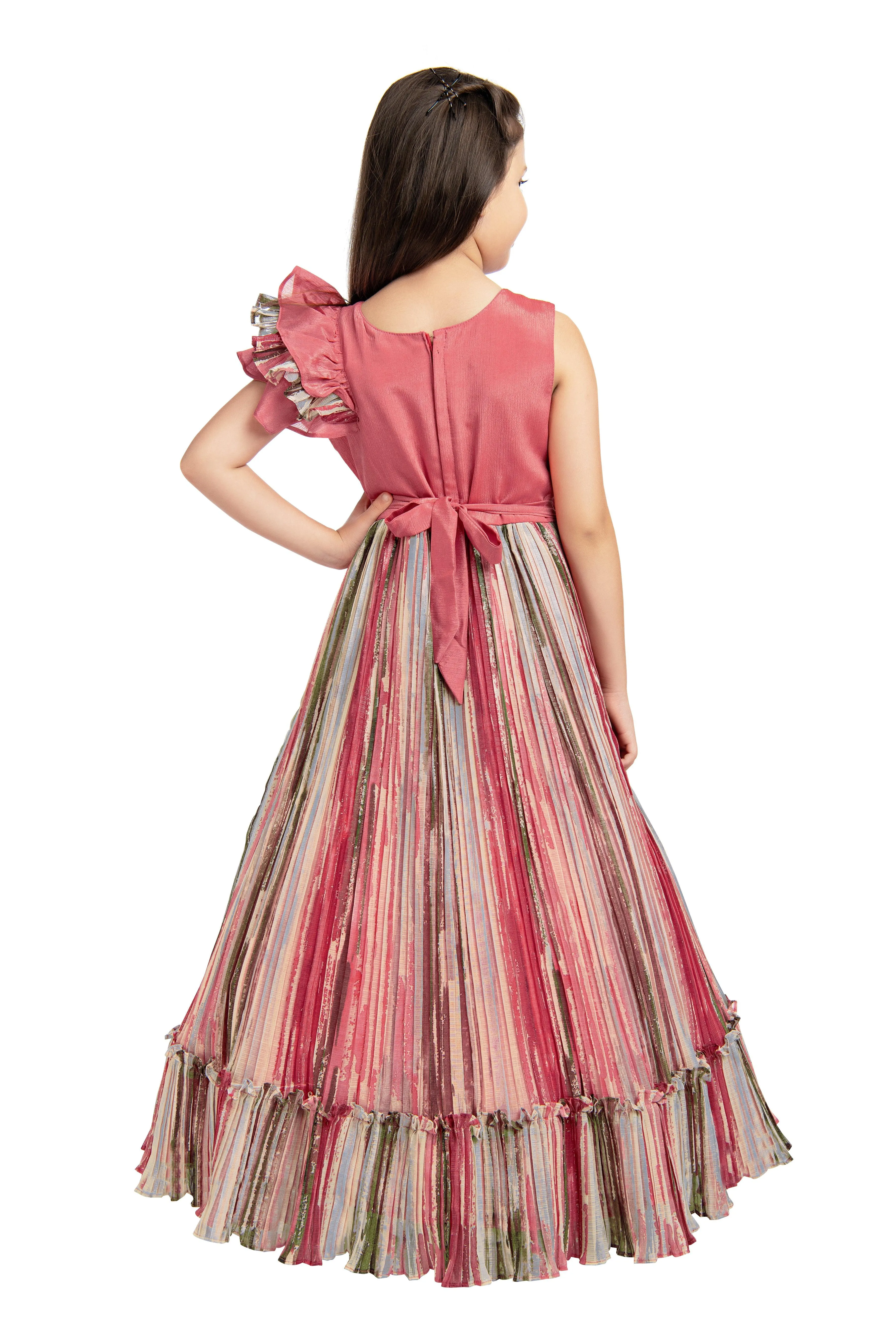 Peach Coloured Ruffle Style One Sided Sleeves Gown For Girls