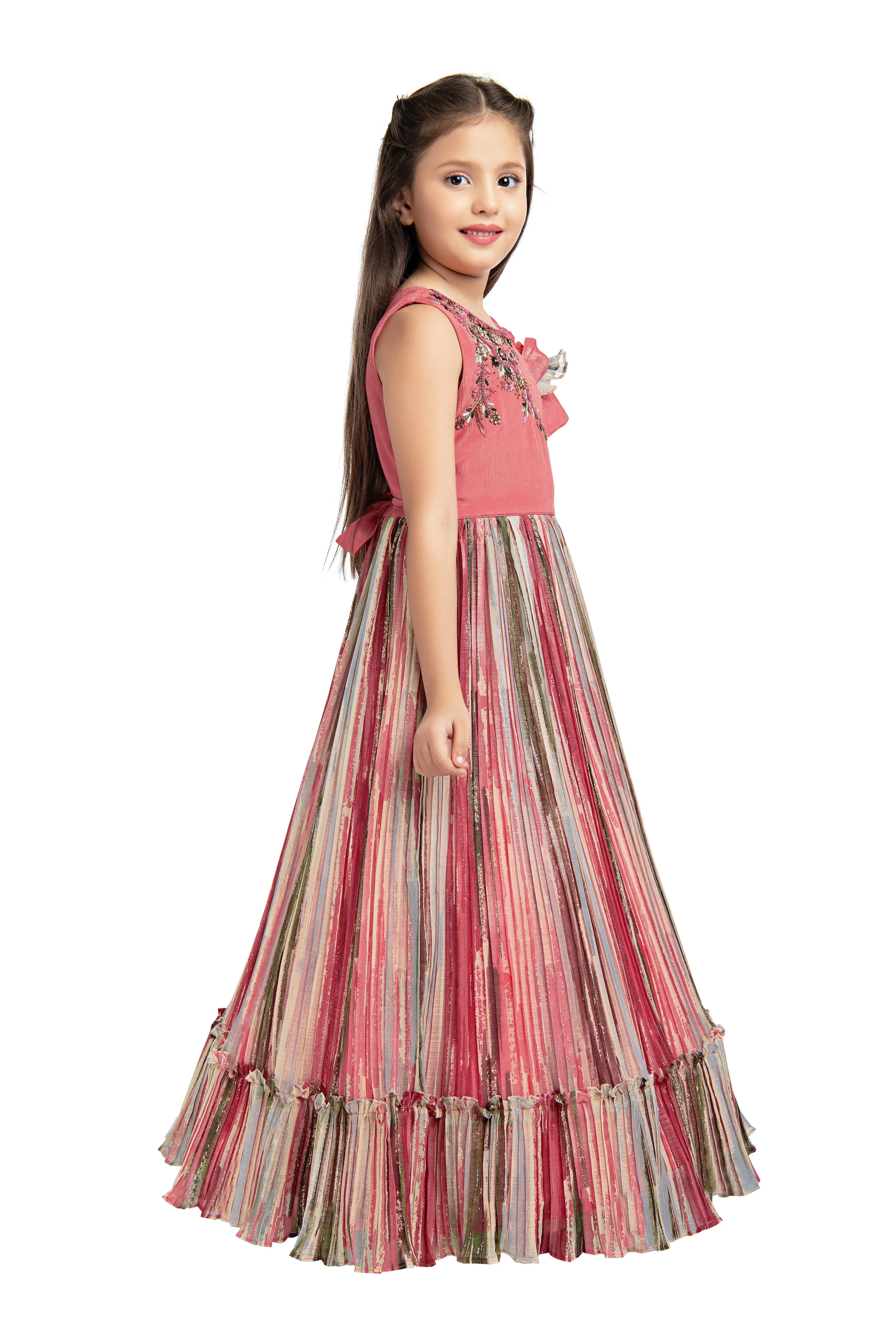 Peach Coloured Ruffle Style One Sided Sleeves Gown For Girls