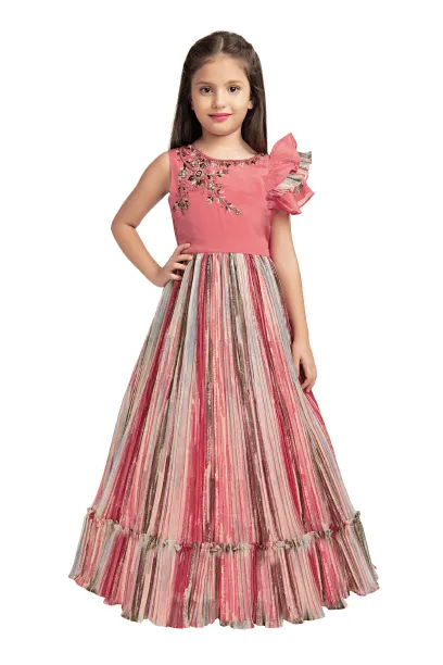 Peach Coloured Ruffle Style One Sided Sleeves Gown For Girls