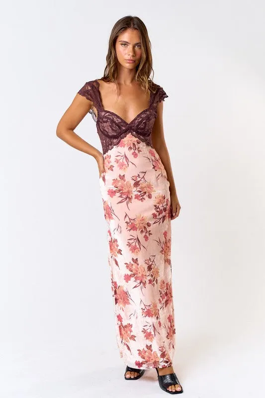 PREORDER - Burnout Velvet Lace Floral Maxi Dress