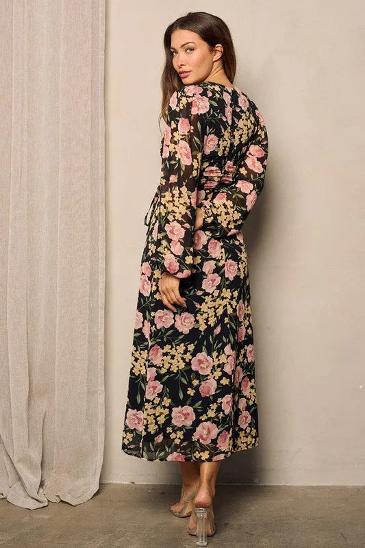 RUCHED WAIST CHIFFON FLORAL DRESS