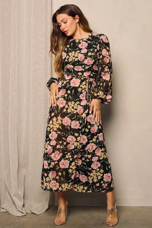 RUCHED WAIST CHIFFON FLORAL DRESS