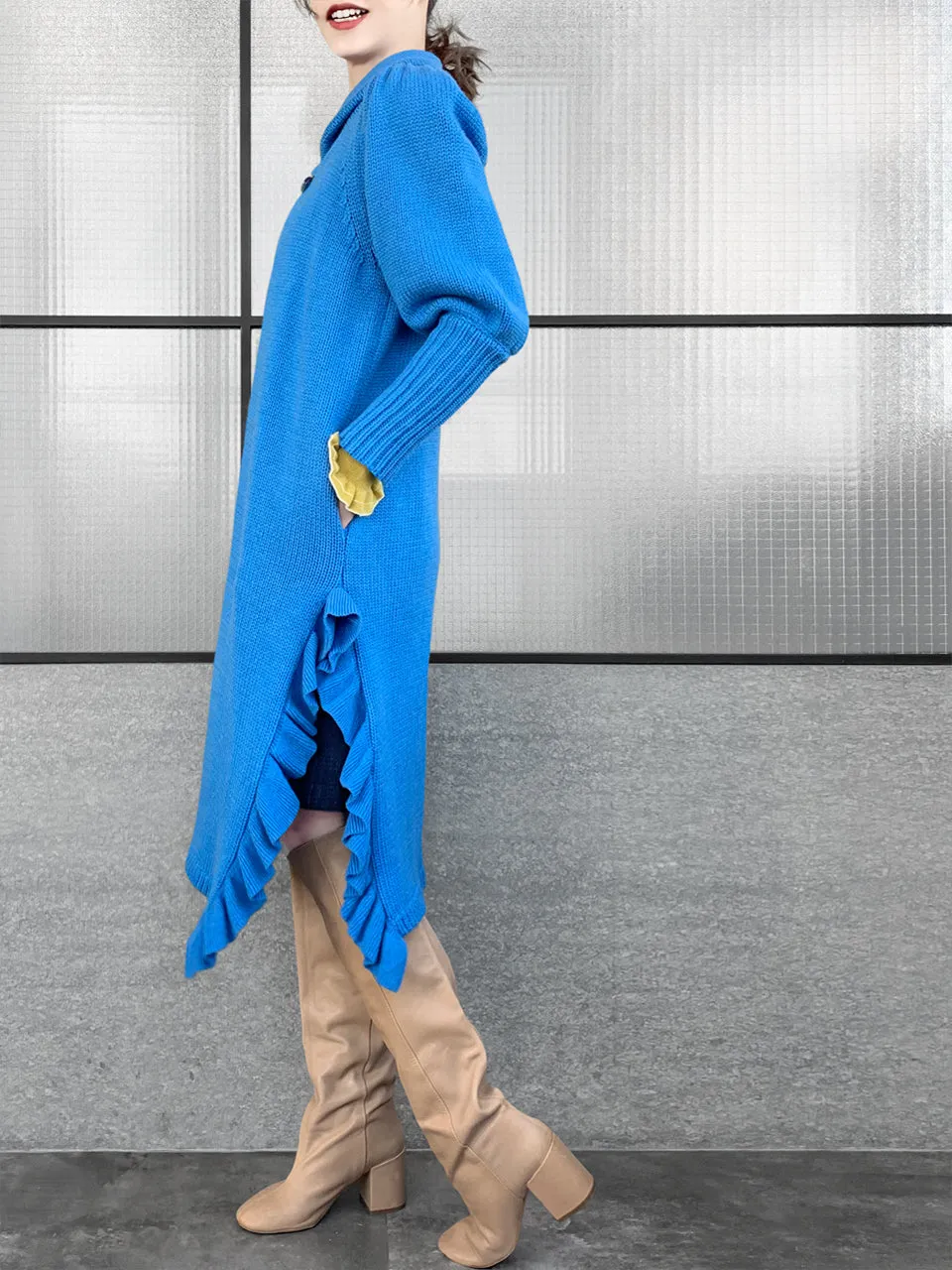 Surprise Sale! Blue Wool & Cashmere Ruffle Slit Longline Cardigan