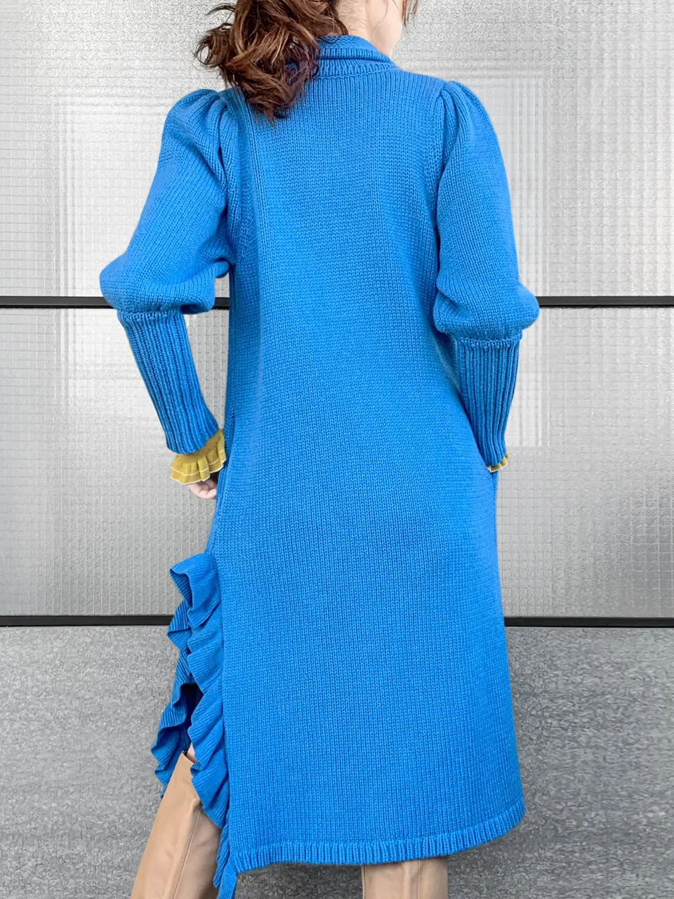 Surprise Sale! Blue Wool & Cashmere Ruffle Slit Longline Cardigan