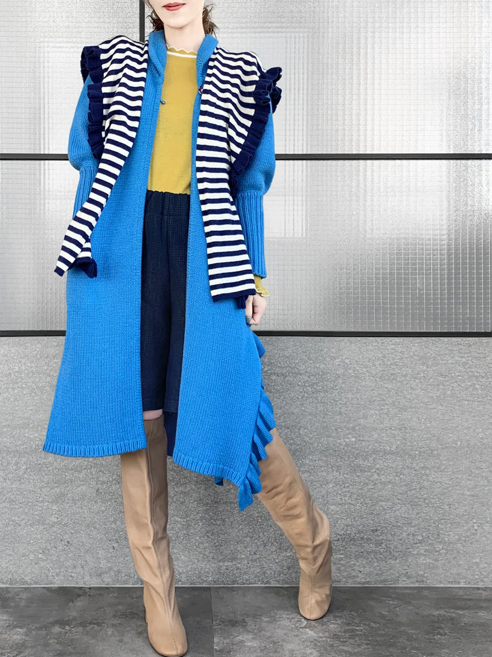 Surprise Sale! Blue Wool & Cashmere Ruffle Slit Longline Cardigan