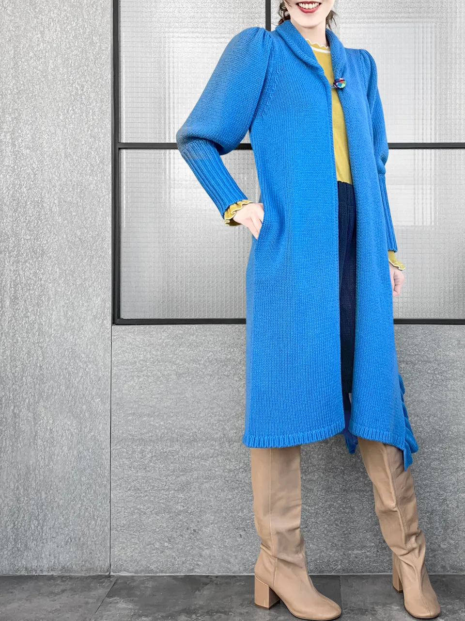 Surprise Sale! Blue Wool & Cashmere Ruffle Slit Longline Cardigan