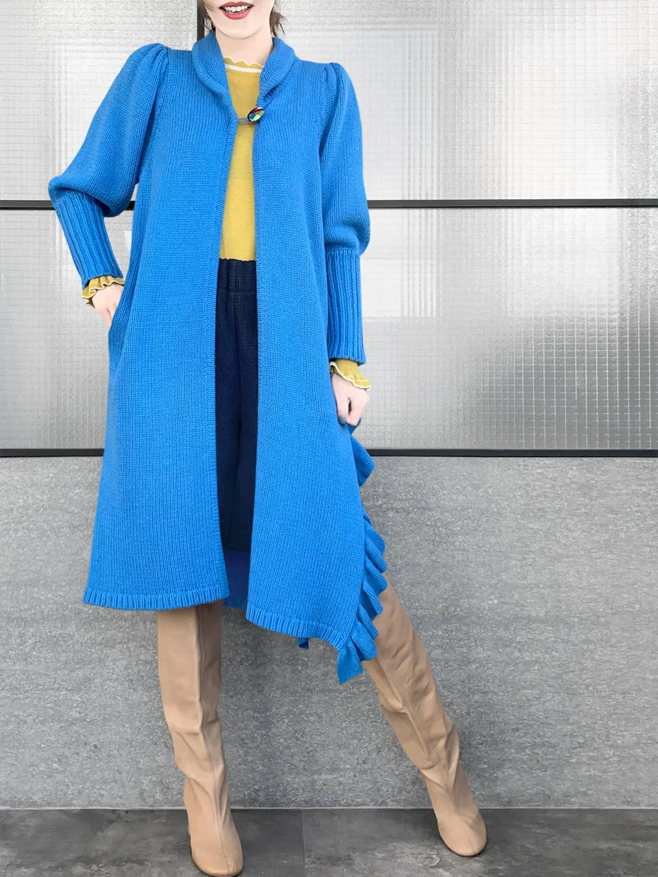 Surprise Sale! Blue Wool & Cashmere Ruffle Slit Longline Cardigan