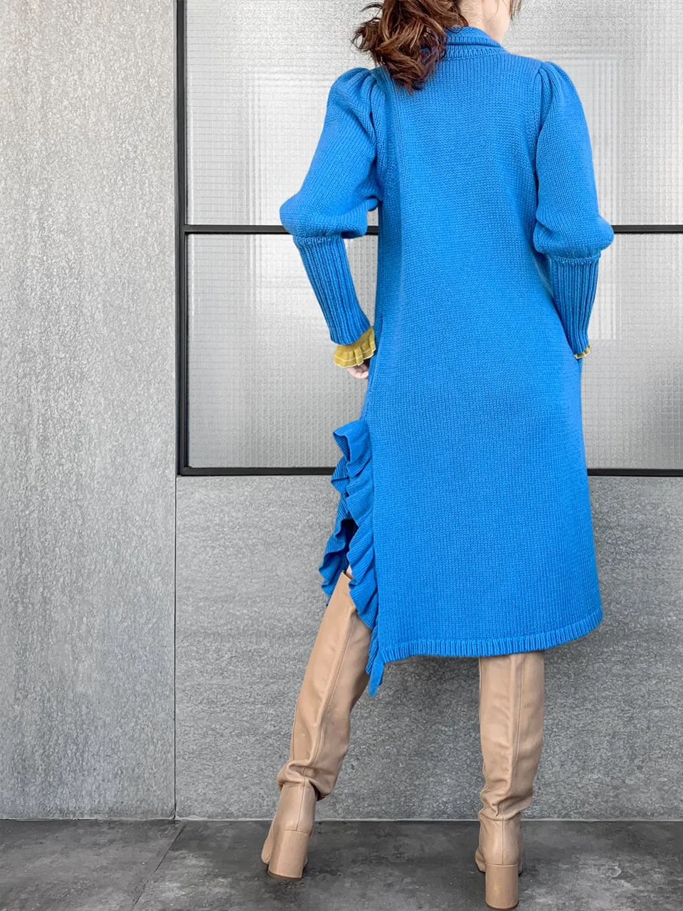 Surprise Sale! Blue Wool & Cashmere Ruffle Slit Longline Cardigan